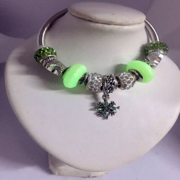 Silver Twist Bracelet with Green Glow in the Dark Beads and Crystal Flower Charm - Picture 2 of 4
